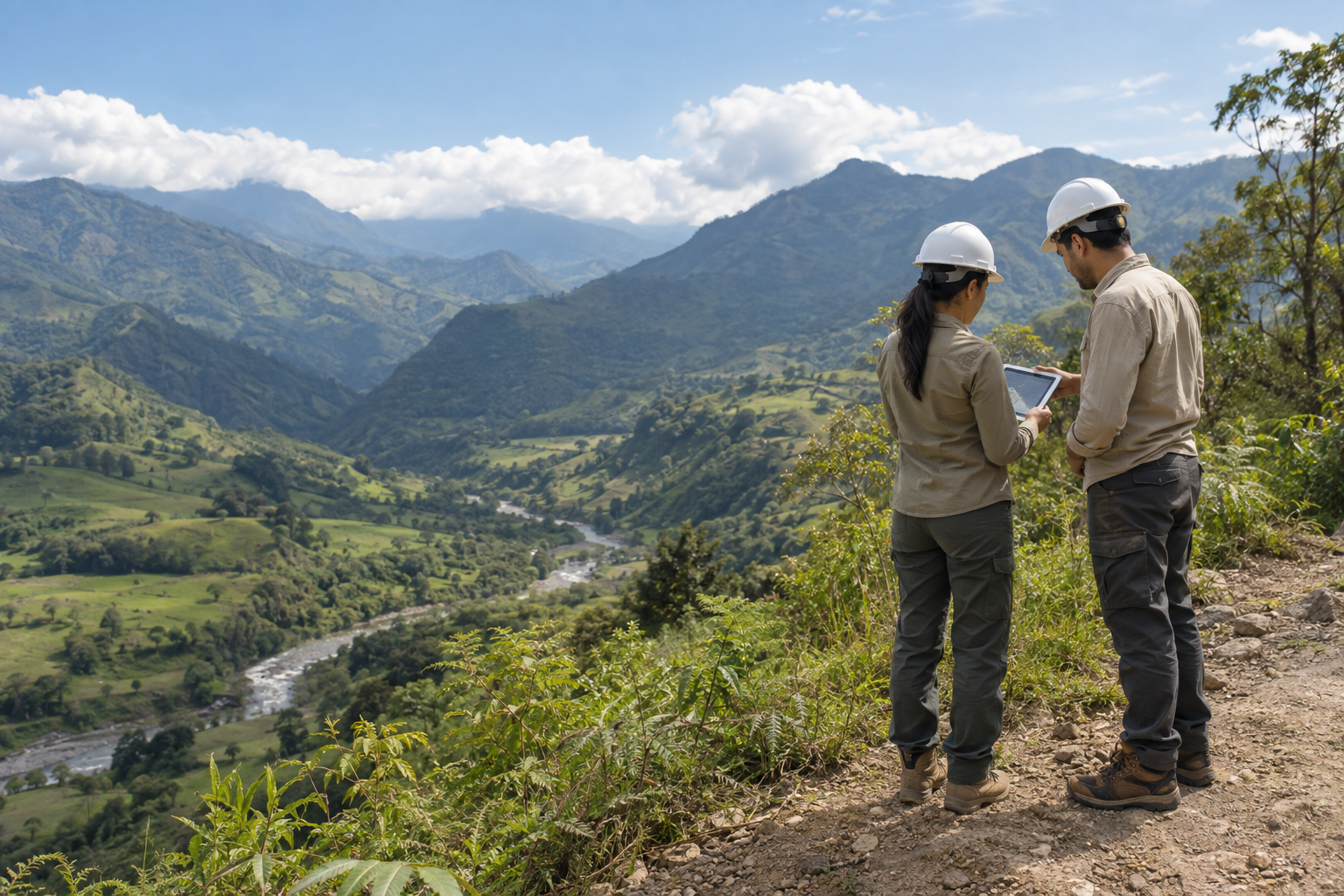 Escena ilustrativa de profesionales ambientales reconociendo una cuenca andina