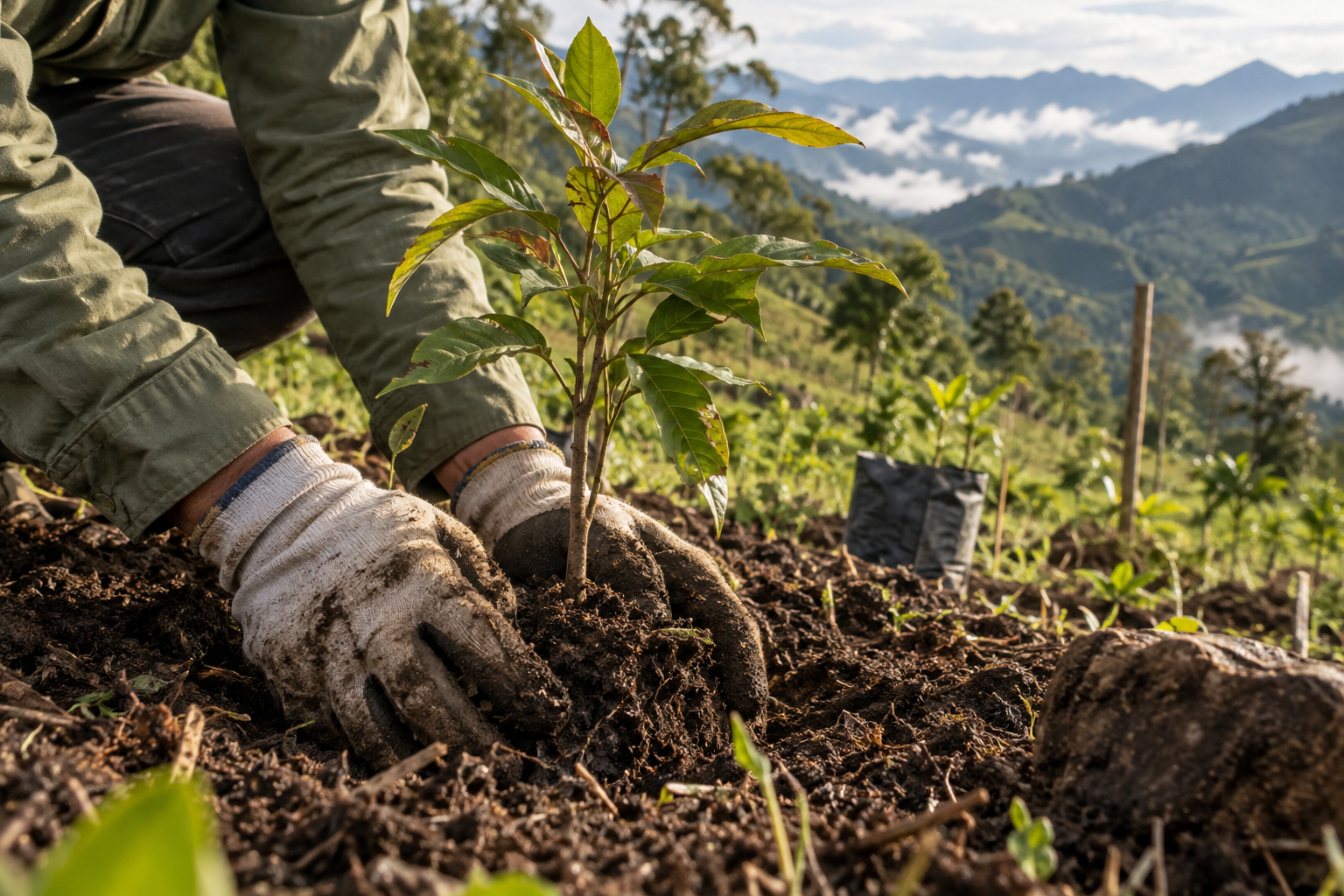 Imagen generada de manos sembrando un árbol nativo